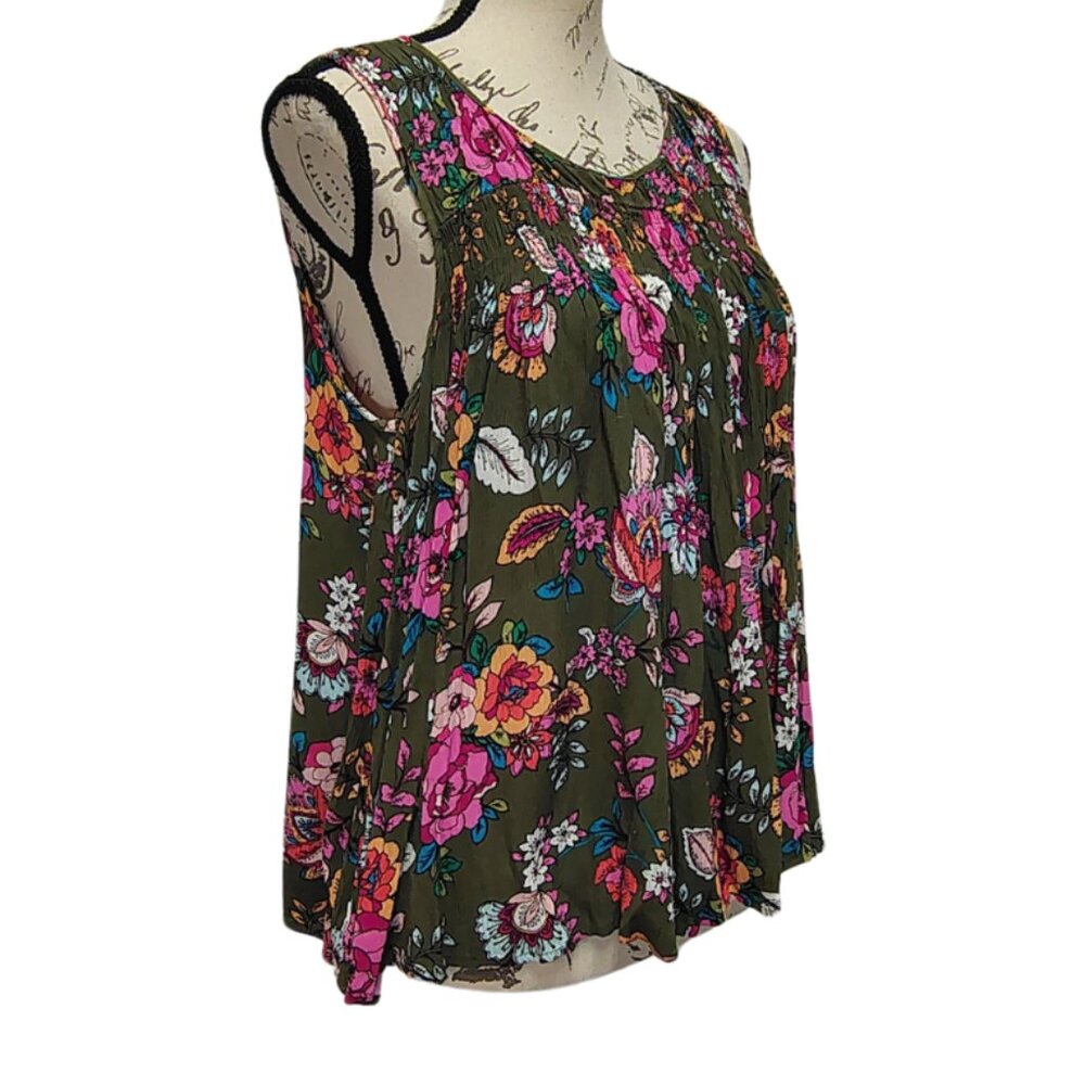Womens Blouse Medium Sleeveless Olive Green Pink Floral‎ - Y2K Boho Hippie 70s - Picture 3 of 6
